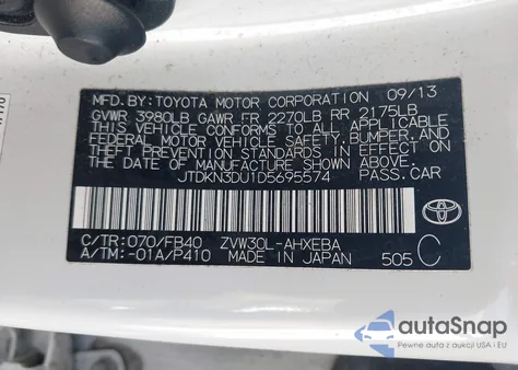 2013 Toyota Prius Three from USA, damaged, VIN JTDKN3DU1D5695574